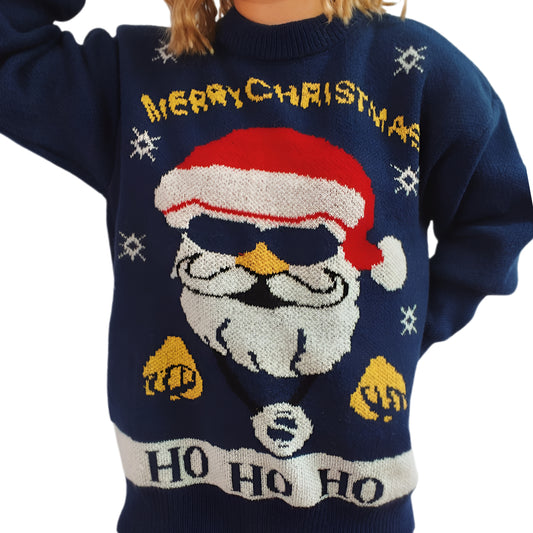 Ugly Christmas Sweater Ho Ho Ho Funny Sunglass Santa Knit Long Sleeve Top