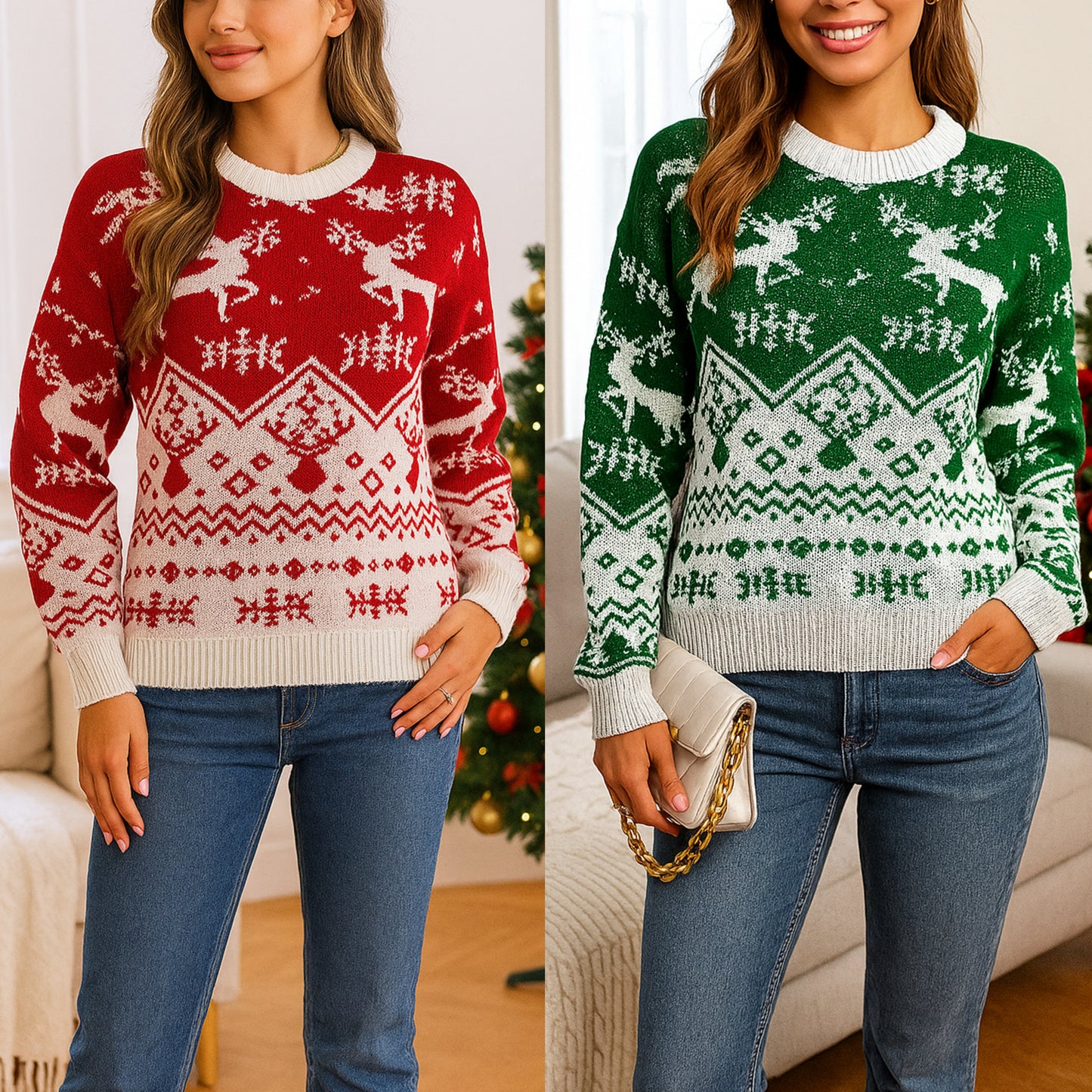 Classic Fair Isle Reindeer Christmas Sweater Top Holiday Long Sleeve Festive Shirt