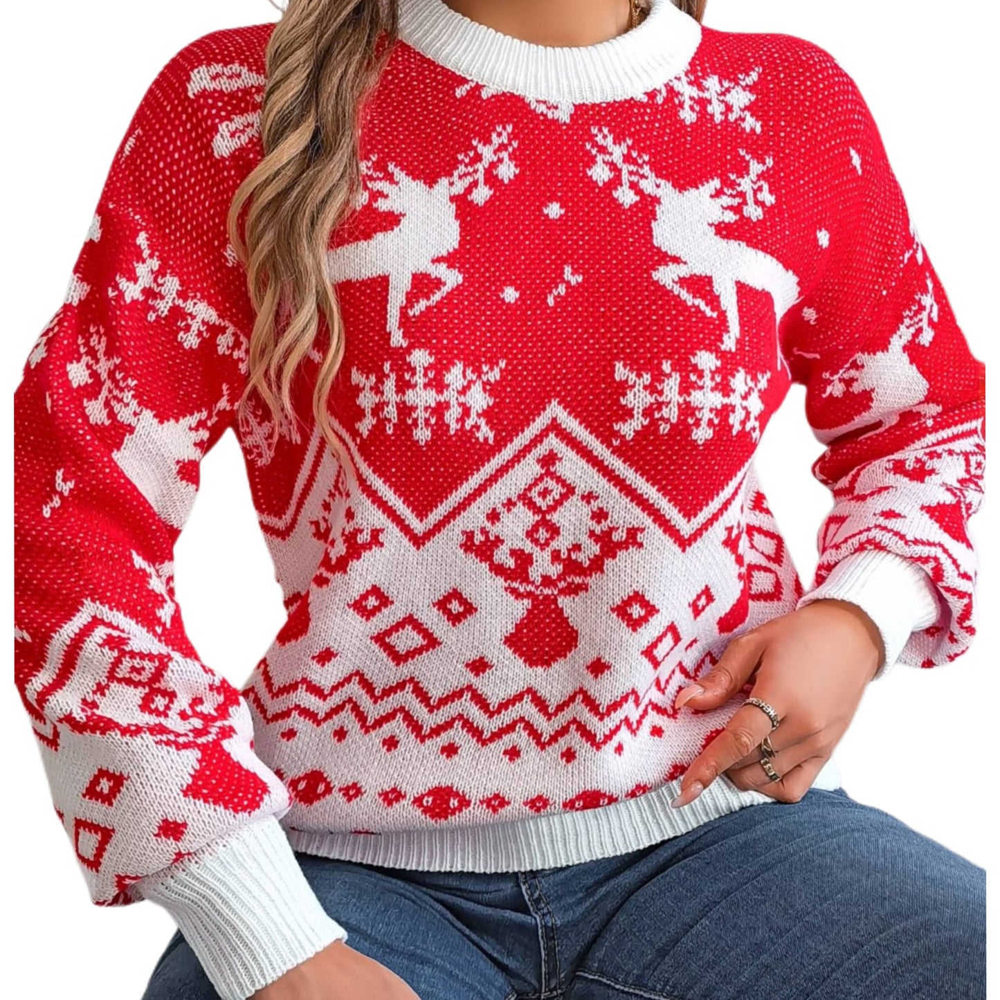Classic Fair Isle Reindeer Christmas Sweater Top Holiday Long Sleeve Festive Shirt