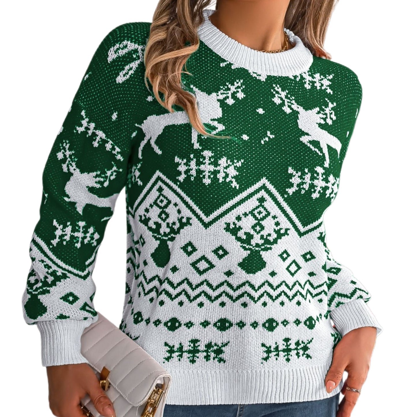 Classic Fair Isle Reindeer Christmas Sweater Top Holiday Long Sleeve Festive Shirt
