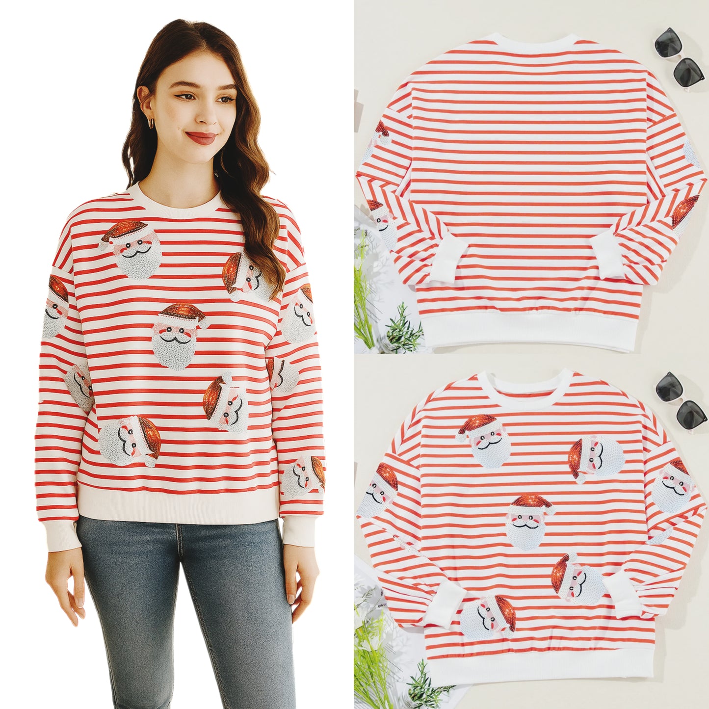 Sequin Santa Sweatshirt Holiday Stripe Long Sleeve Christmas Sweater Shirt Top