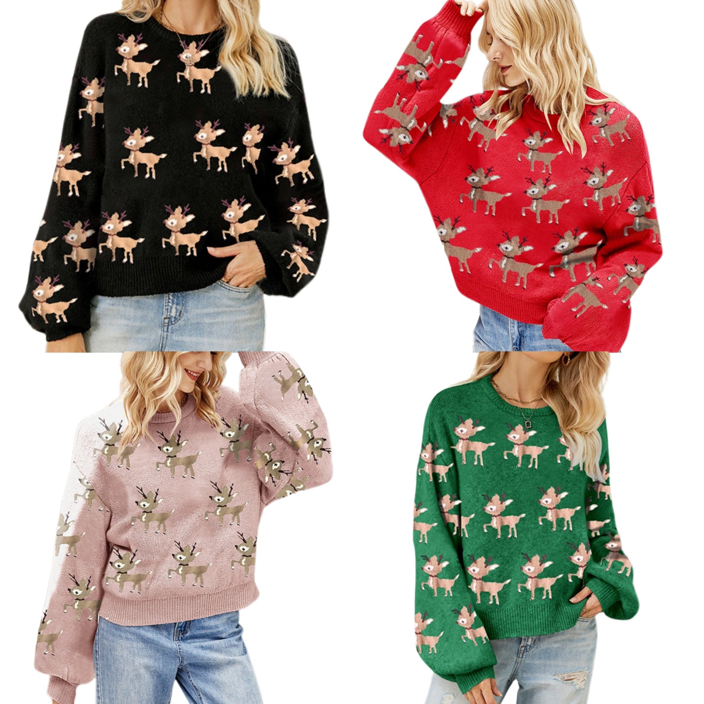 Reindeer Holiday Knit Sweater Long Sleeve Colorful Contrasting Festive Pullover Top