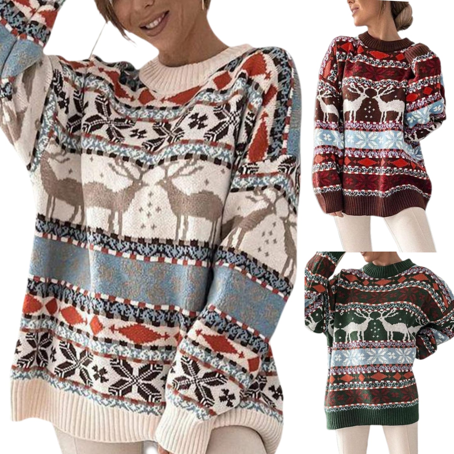 Nordic Reindeer Fair Isle Retro Holiday Knit Sweater Top Festive Colorful Pullover Top
