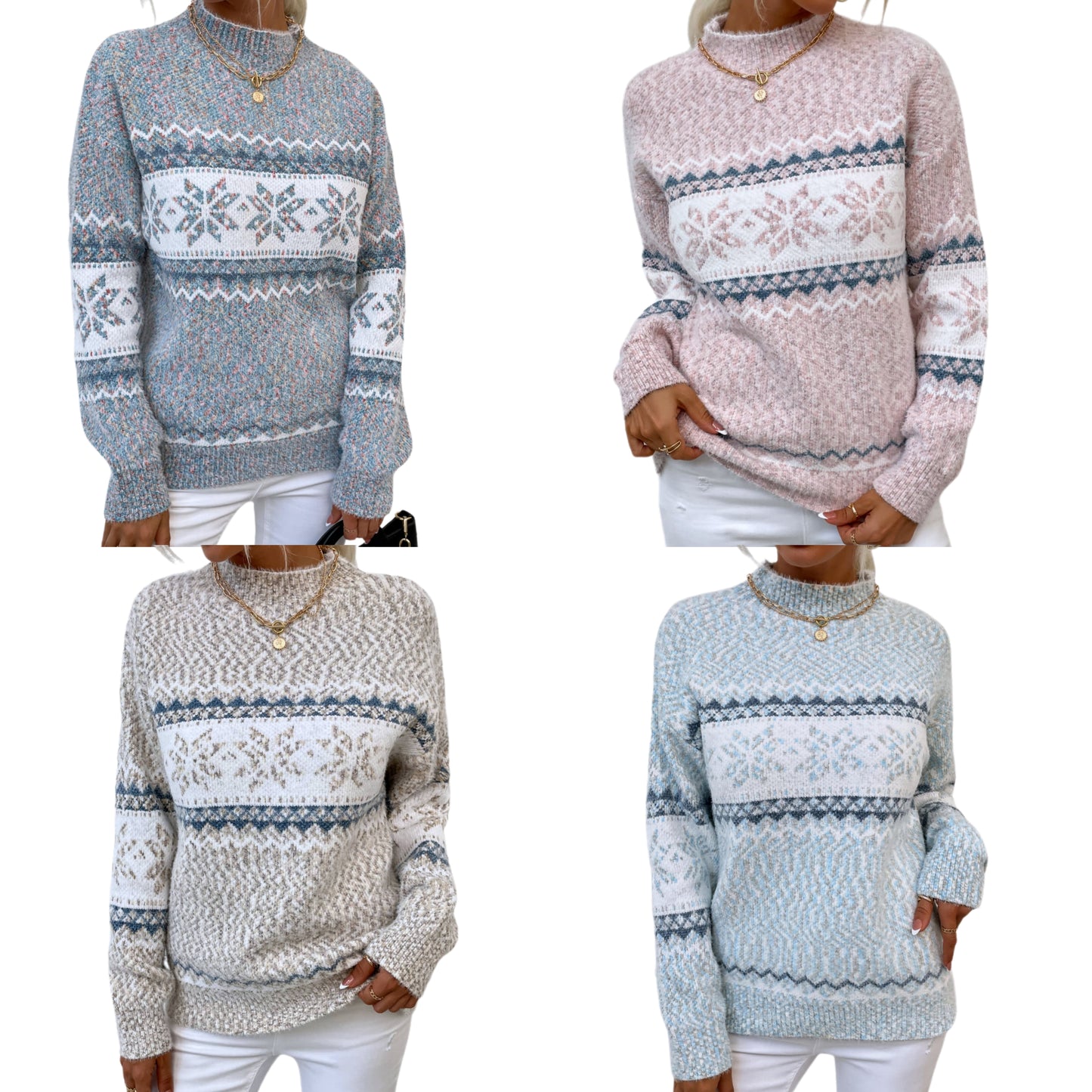Fair Isle Snowflake Mock Neck Colorful Sweater Long Sleeve Holiday Retro Knit Top