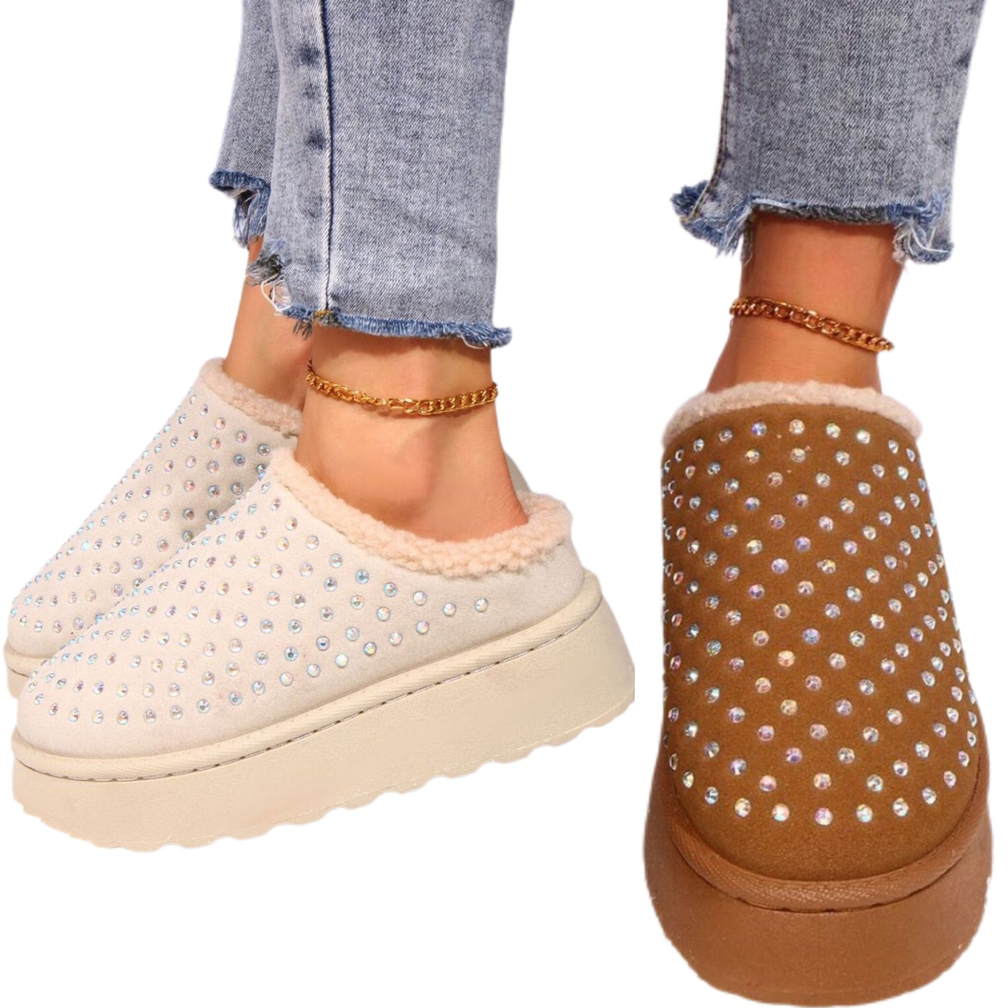 Sparkling Rhinestone Slipper Shoes Faux Fur Vegan Suede Platform Winter House Clogs