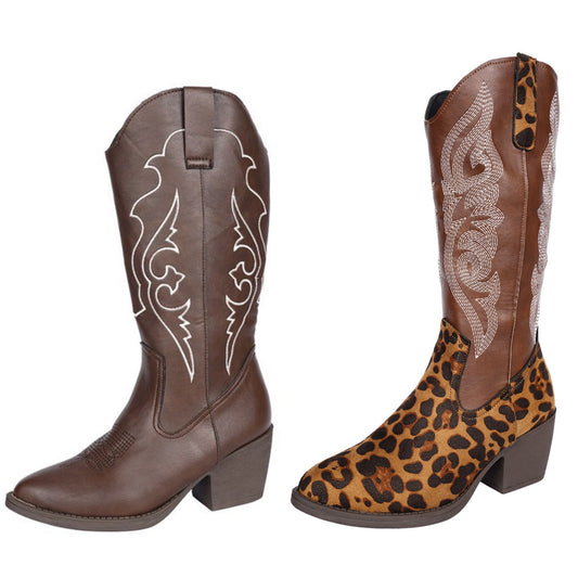 Western Embroidered Vegan Leather Womens Cowboy Boots Cowgirl Shoes Solid or Leopard