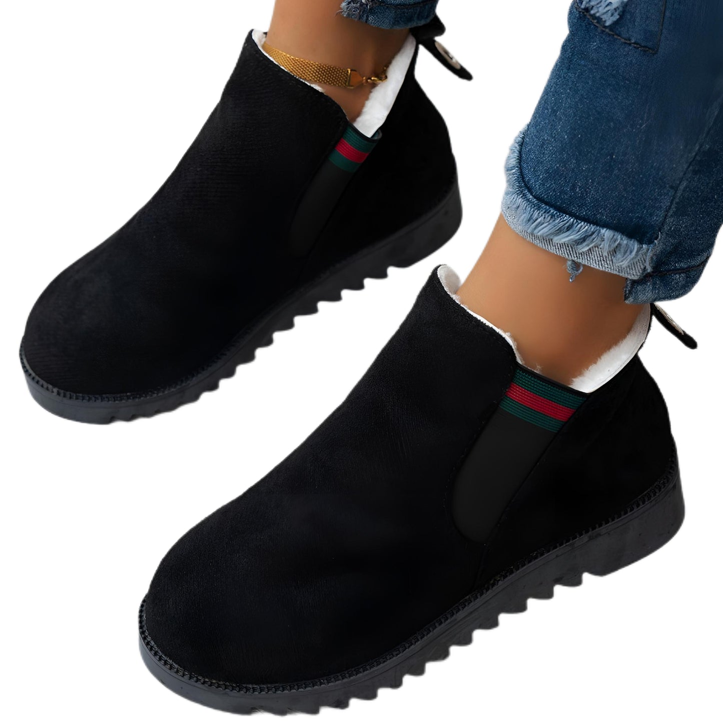Faux Suede Boots Stripe Plush Sherpa Slip-on Ankle Bootie Side Elastic Stripe Shoes