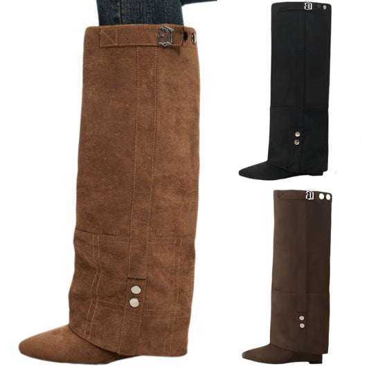 Pointed Toe Covered Overlay Vegan Suede Knee-high Boots Western Block Heel Shoes