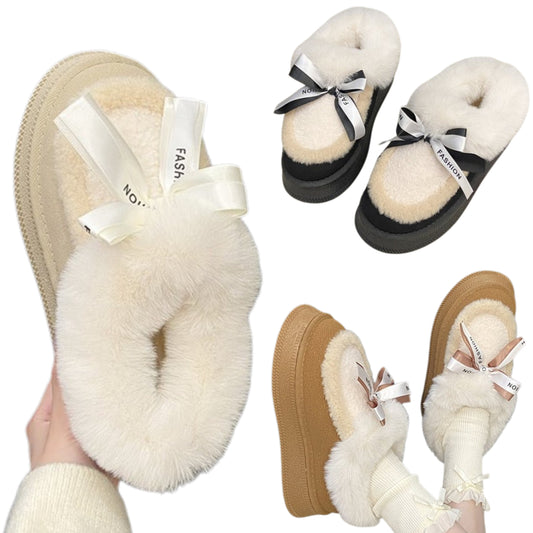 Plush Faux Fur Platform Fashion Bow Slipper Ankle Boots Fuzzy Shoes Contrasting Slip-on Bootie