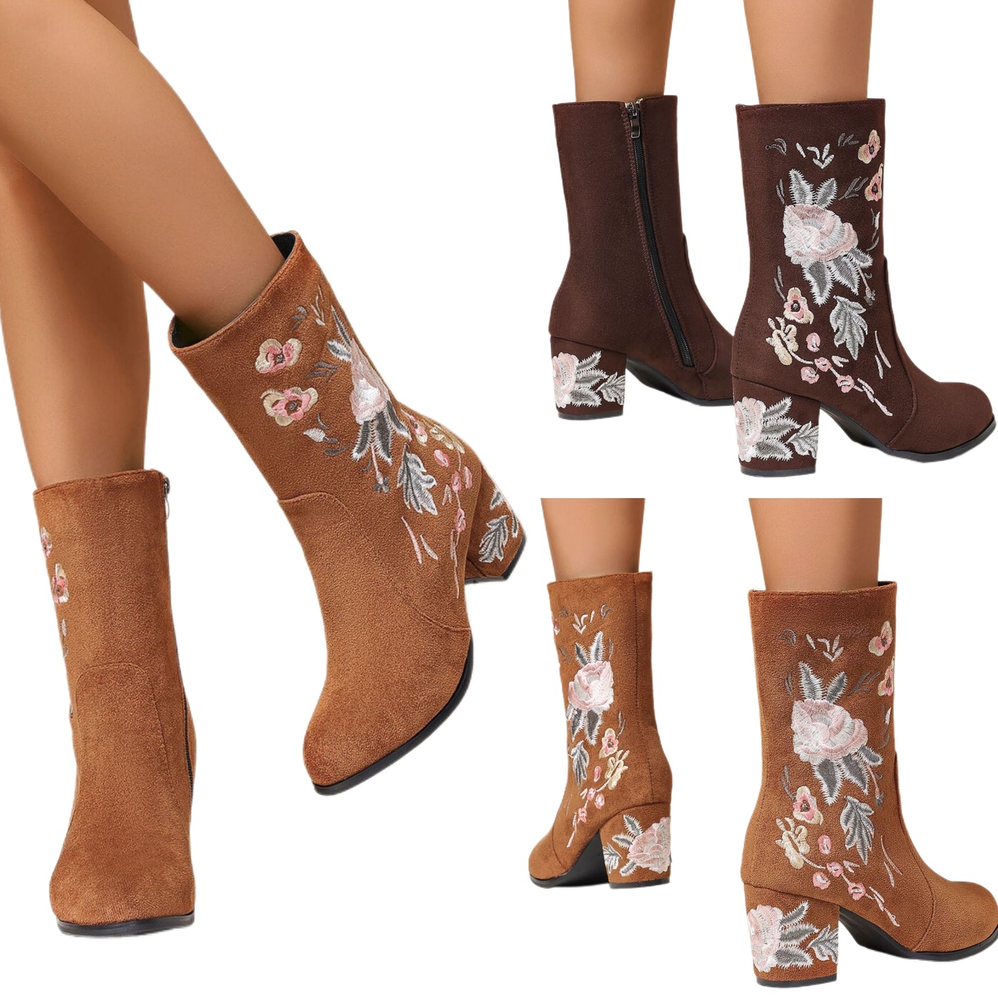 Floral Embroidered Block Heel Boots Boho Western Retro Vegan Suede Colorful Shoes