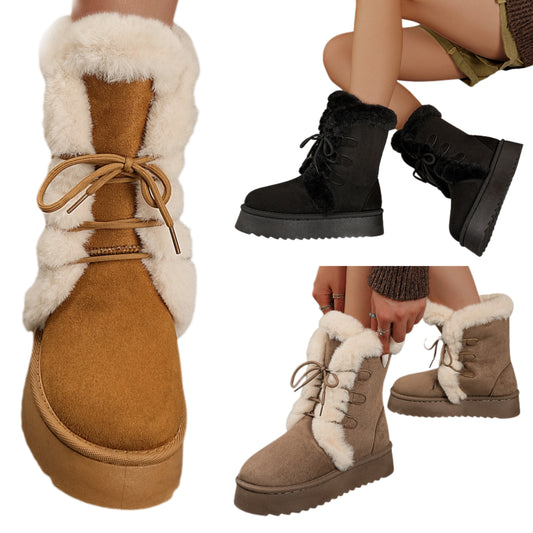 Faux Fur Platform Lace-up Winter Boots Plush Chunky Lug Vegan Suede Shoes