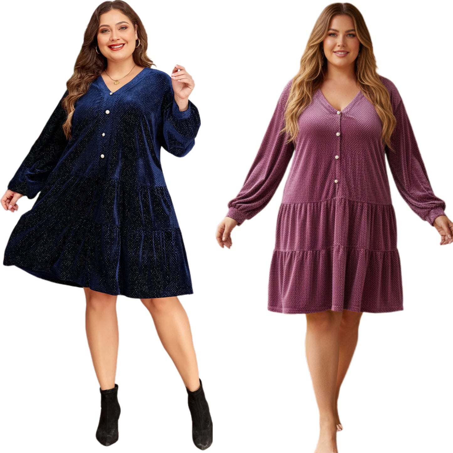 Jacquard Velvet Faux Pearl Button Long Sleeve Slit Pockets Ruffle Tiered Mini Dress Plus Size Only