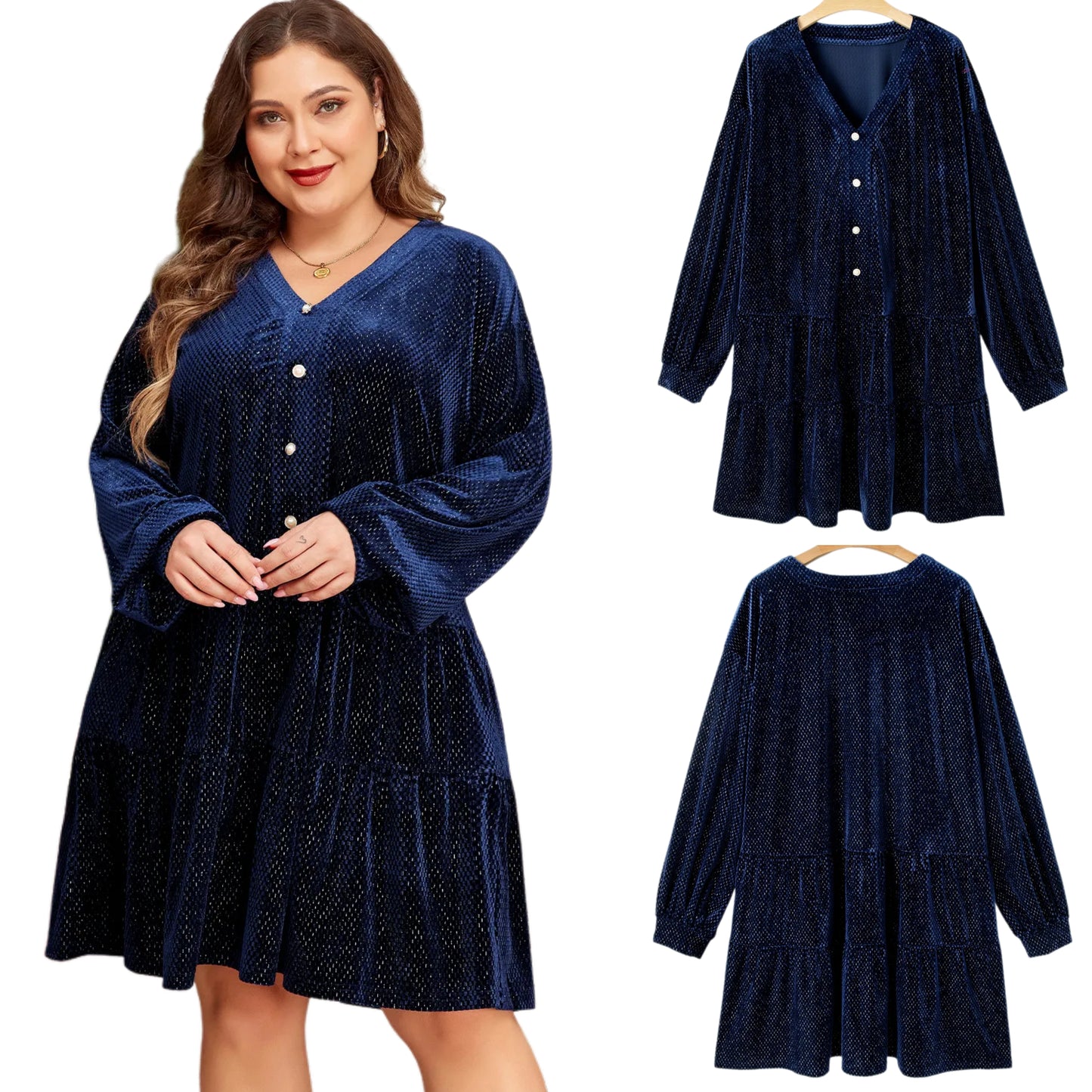 Jacquard Velvet Faux Pearl Button Long Sleeve Slit Pockets Ruffle Tiered Mini Dress Plus Size Only