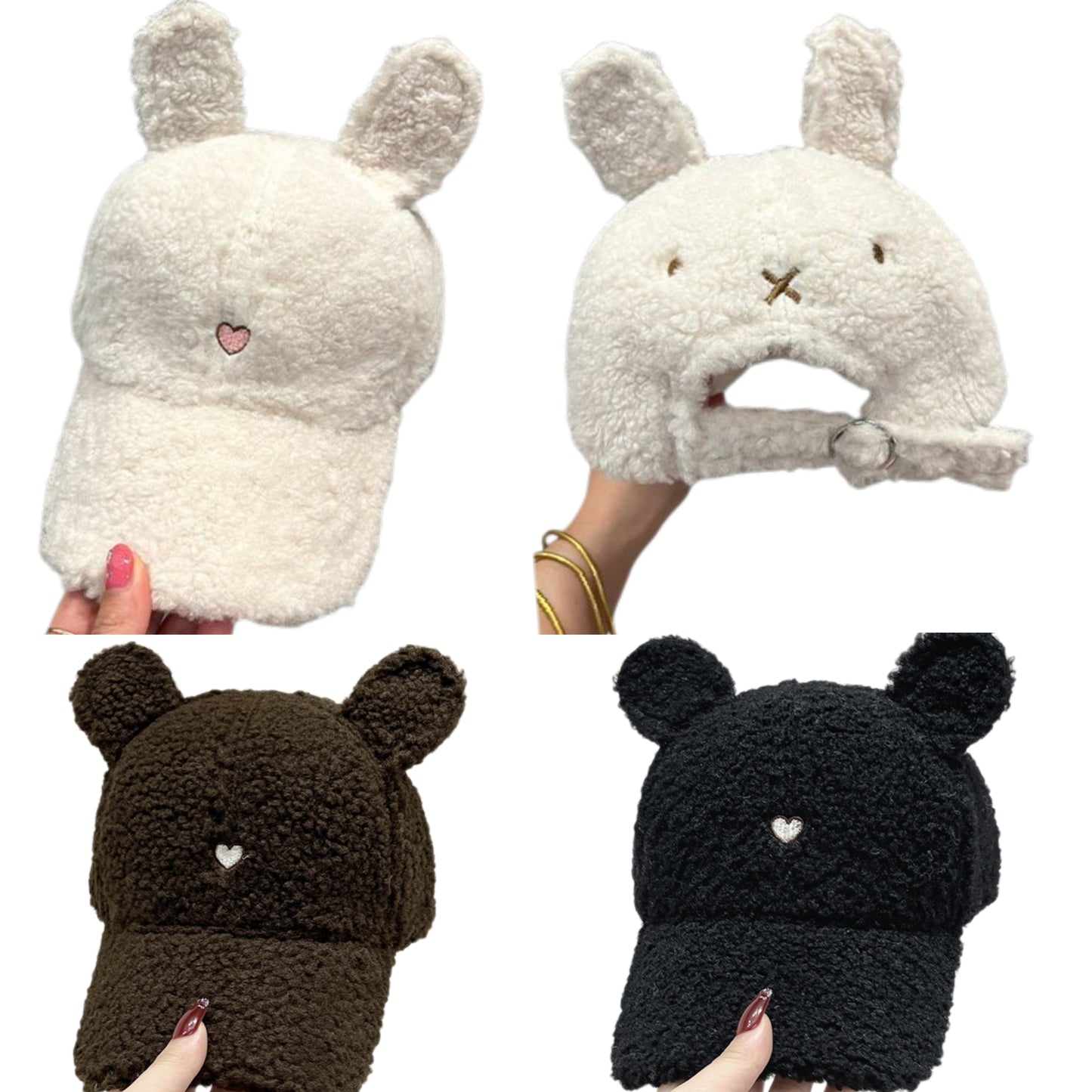 Plush Faux Lambswool Fur Teddy Hat Embroidered Heart Tall Ears Adjustable Cap