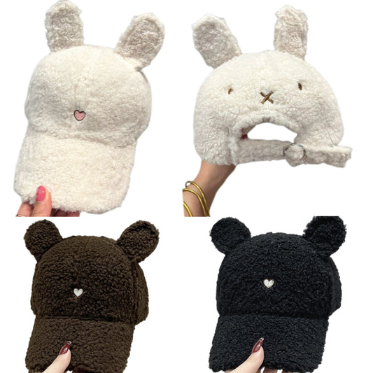 Plush Faux Lambswool Fur Teddy Hat Embroidered Heart Tall Ears Adjustable Cap