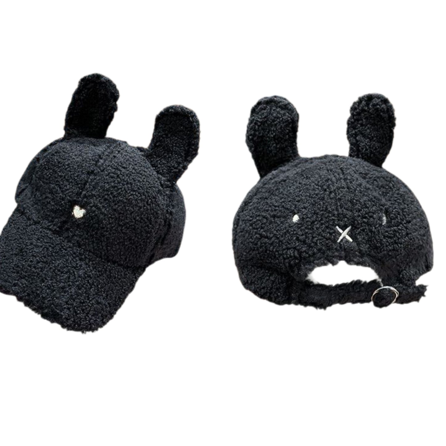 Plush Faux Lambswool Fur Teddy Hat Embroidered Heart Tall Ears Adjustable Cap