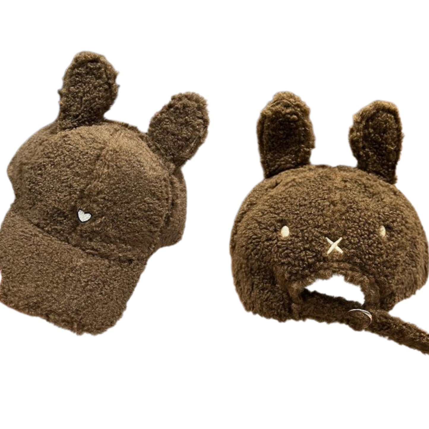 Plush Faux Lambswool Fur Teddy Hat Embroidered Heart Tall Ears Adjustable Cap