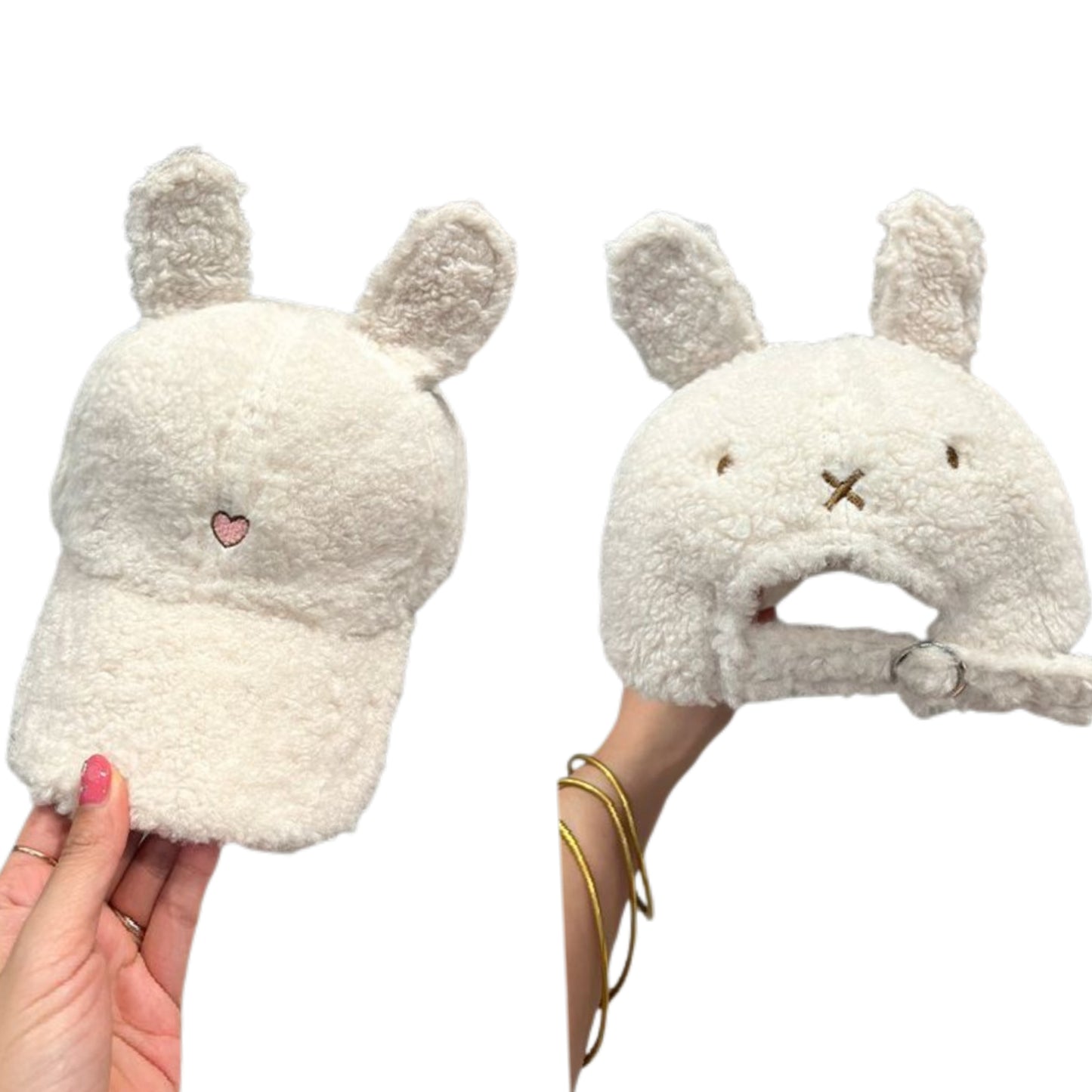 Plush Faux Lambswool Fur Teddy Hat Embroidered Heart Tall Ears Adjustable Cap