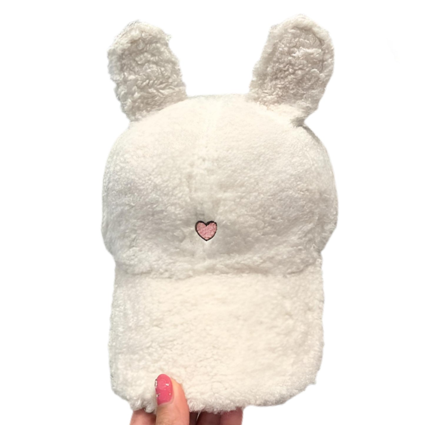 Plush Faux Lambswool Fur Teddy Hat Embroidered Heart Tall Ears Adjustable Cap