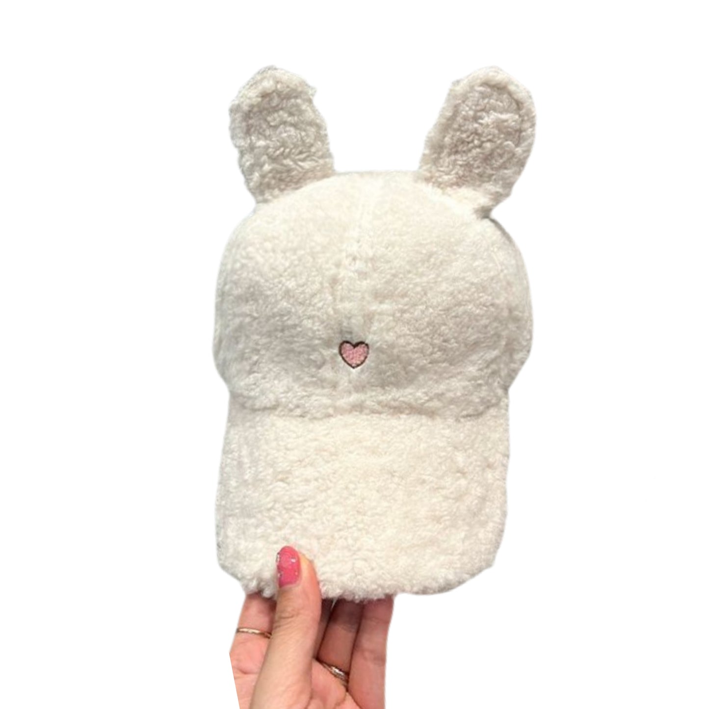 Plush Faux Lambswool Fur Teddy Hat Embroidered Heart Tall Ears Adjustable Cap