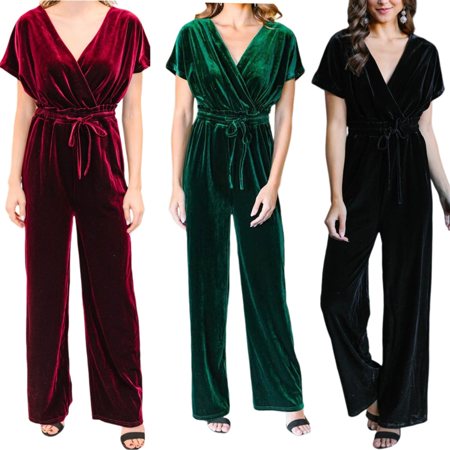 Velvet Jumpsuit One-piece Short Sleeve Drawstring Waist Wide Leg Pants Outfit