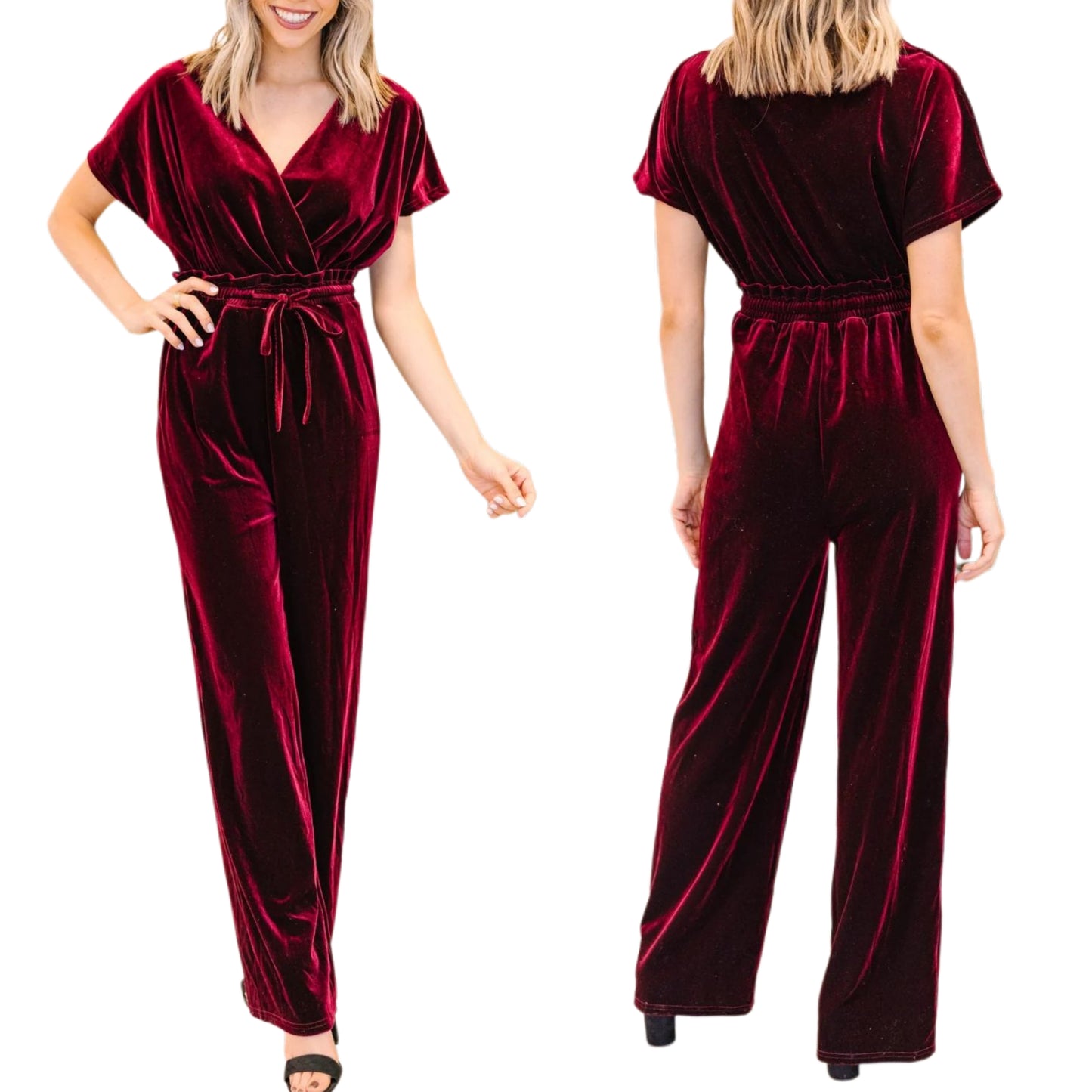 Velvet Jumpsuit One-piece Short Sleeve Drawstring Waist Wide Leg Pants Outfit