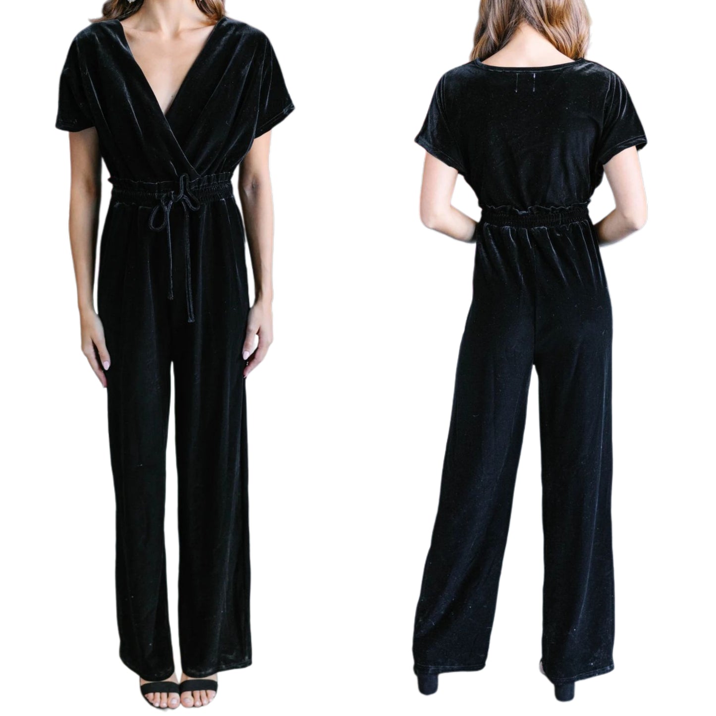 Velvet Jumpsuit One-piece Short Sleeve Drawstring Waist Wide Leg Pants Outfit