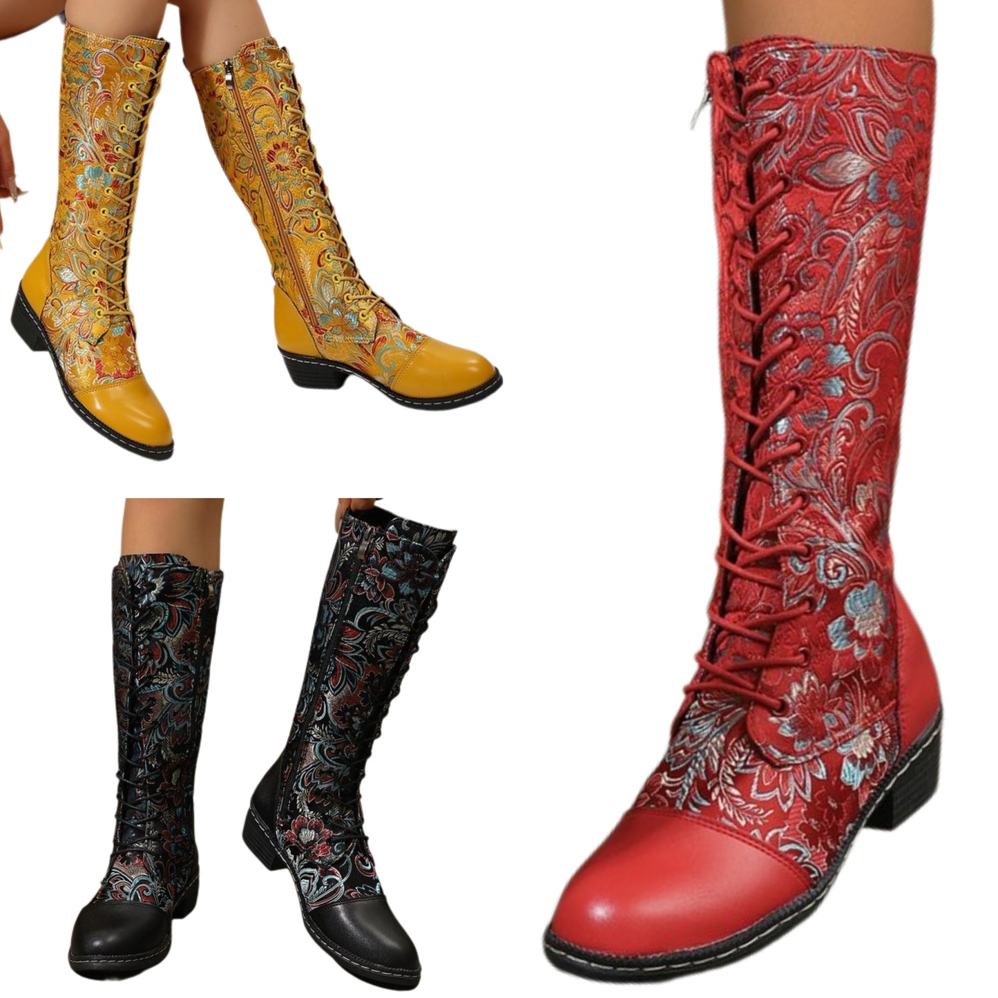 Victorian Floral Lace-Up Vegan Leather Tall Boots Retro Vintage Renaissance Riding Shoes