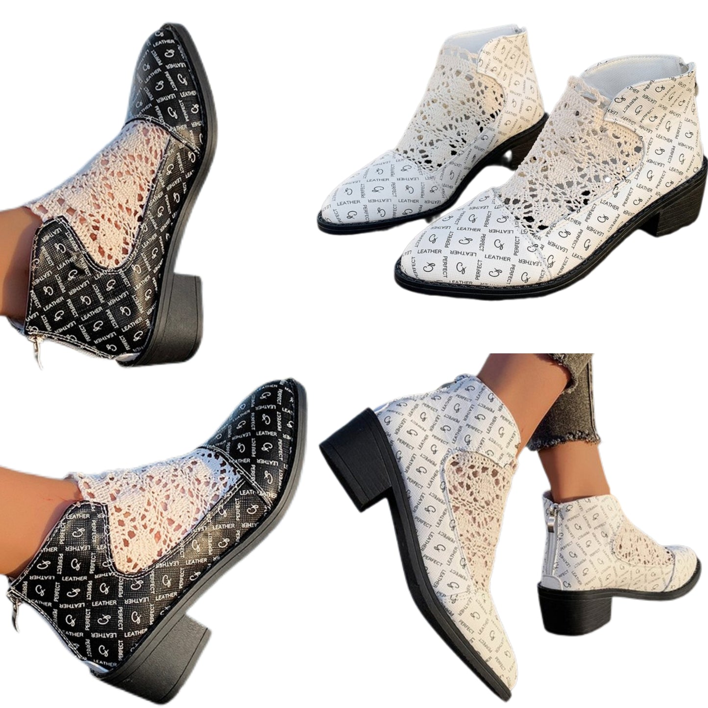 Crochet Knit Vegan leather Block Heel Booties Pointed Toe Retro Victorian Shoes