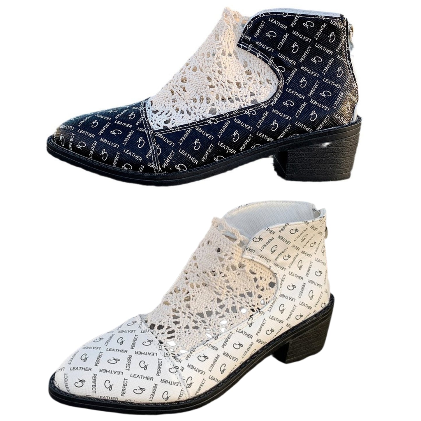 Crochet Knit Vegan leather Block Heel Booties Pointed Toe Retro Victorian Shoes