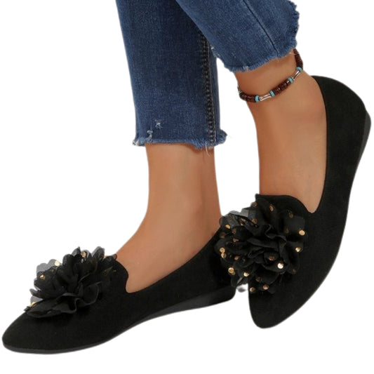 Polka-dot 3D Flower Vegan Leather Ballet Flats Almond Toe Dramatic Slip-on Shoes