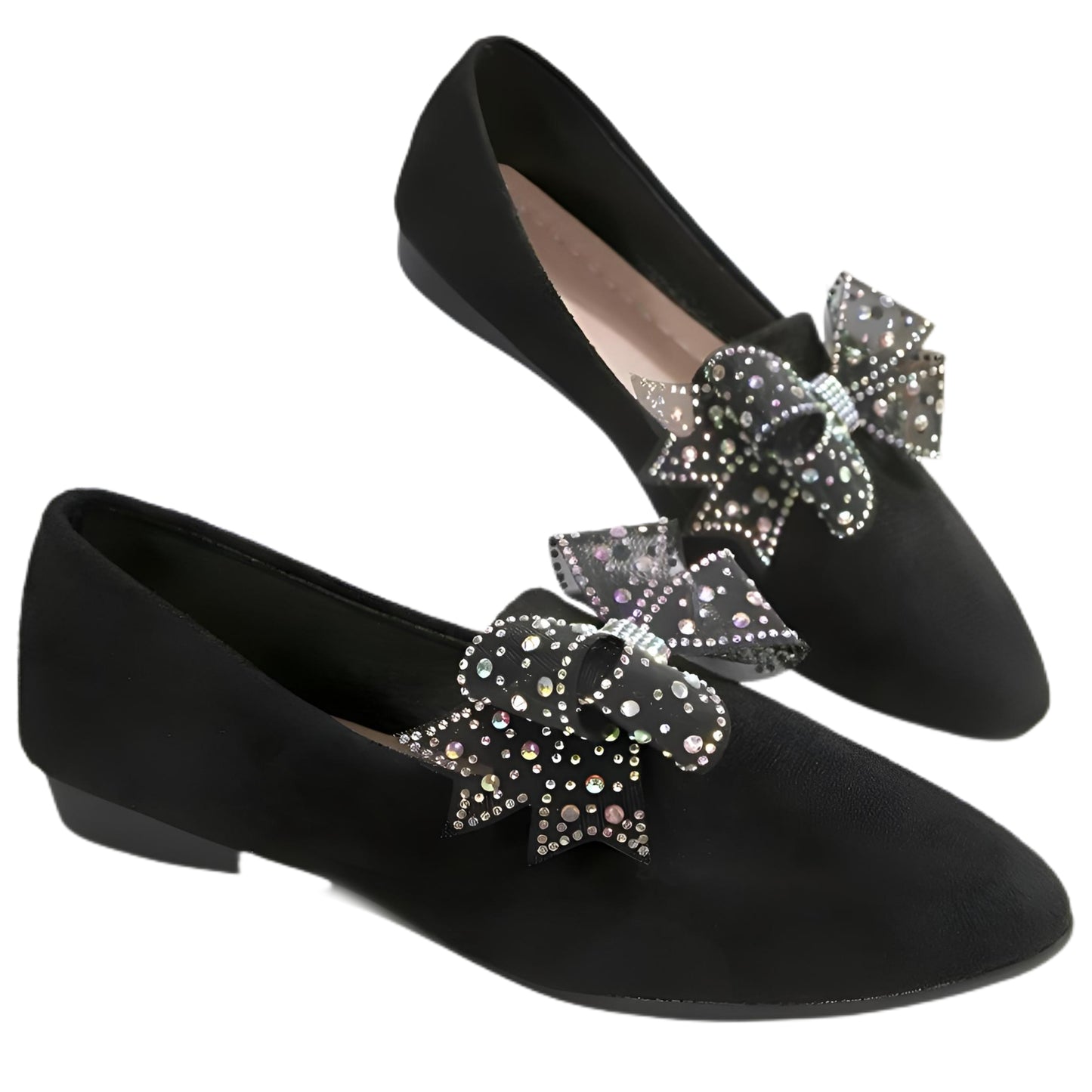 Rhinestone Bow Point Toe Flats Slip-On Sparkling Ballet Vegan Leather Shoes