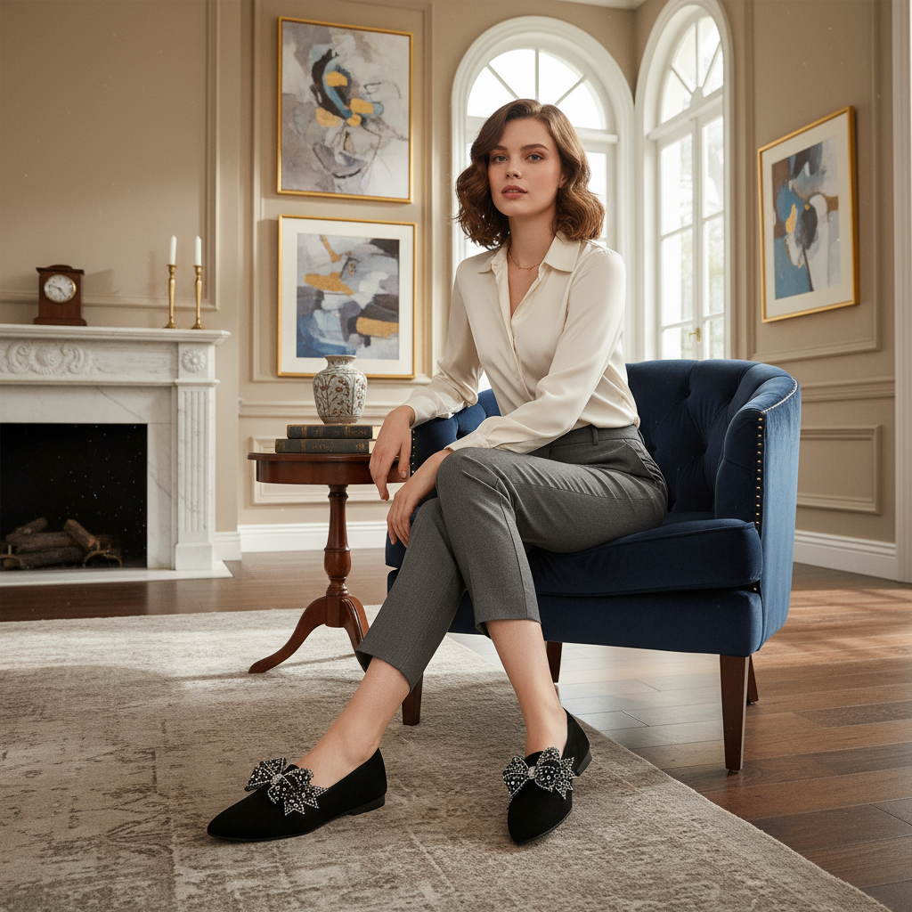 Rhinestone Bow Point Toe Flats Slip-On Sparkling Ballet Vegan Leather Shoes