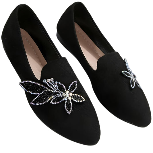 Floral Rhinestone Pointed Toe Flats Smooth Vegan Suede Slip-On Loafer Shoes