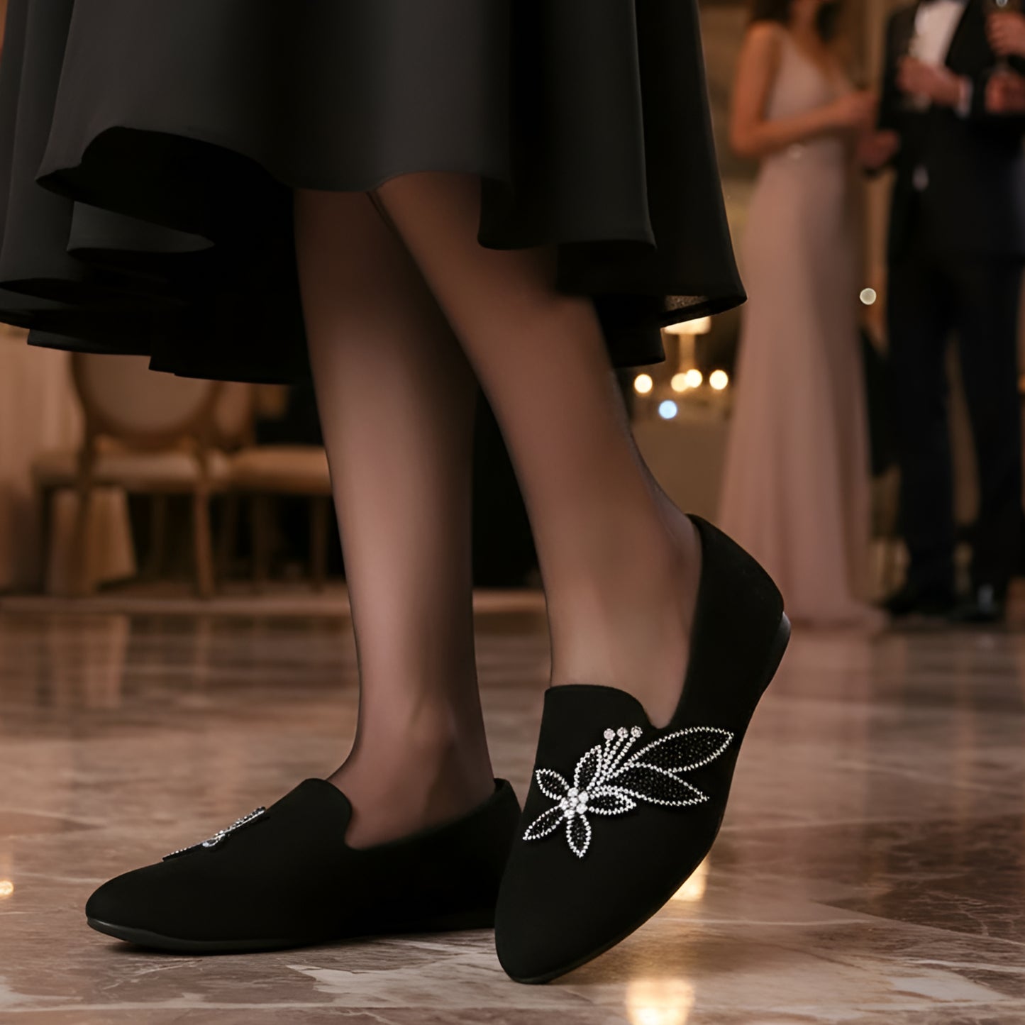 Floral Rhinestone Pointed Toe Flats Smooth Vegan Suede Slip-On Loafer Shoes