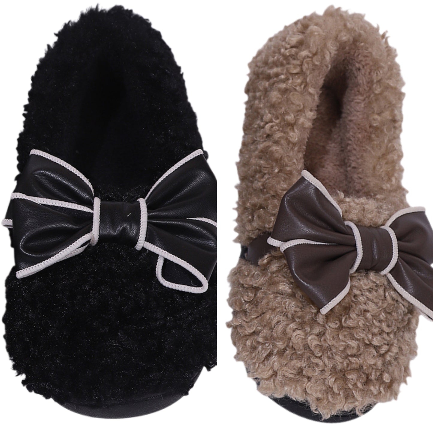 Oversized Bow Faux Lamb Fur Flat Slippers Plush Vegan Slip-On House Shoes