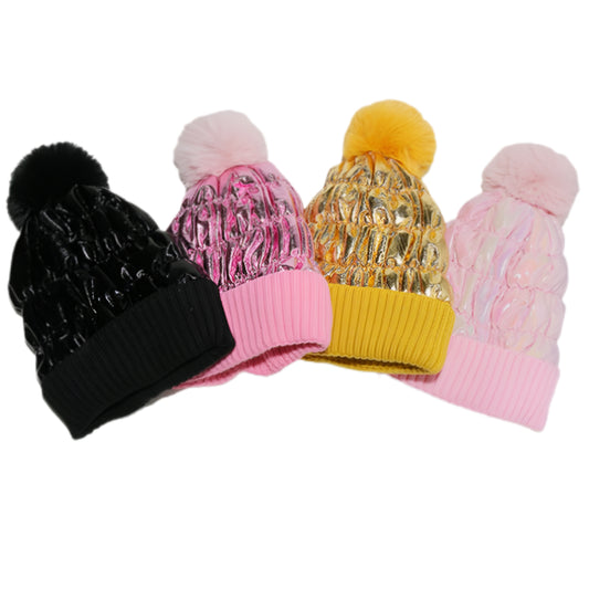 Metallic Puffer Beanie Quilted Thermal Sherpa Lined Winter Hat Faux Fur Pompom Cap