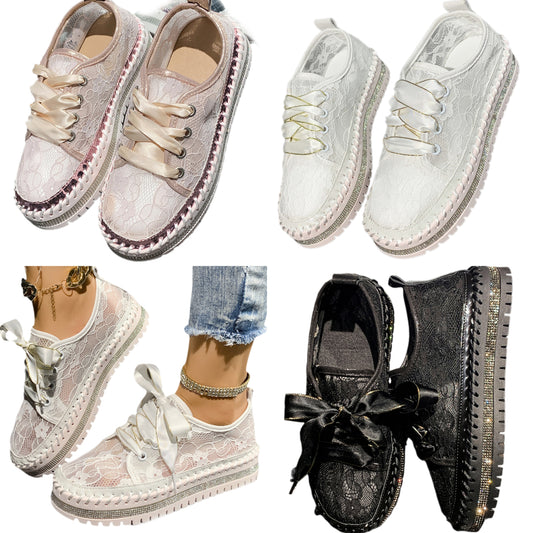 Lace Mesh Rhinestone Platform Sneakers Satin Ribbon Laces Retro Y2K Bling Shoes