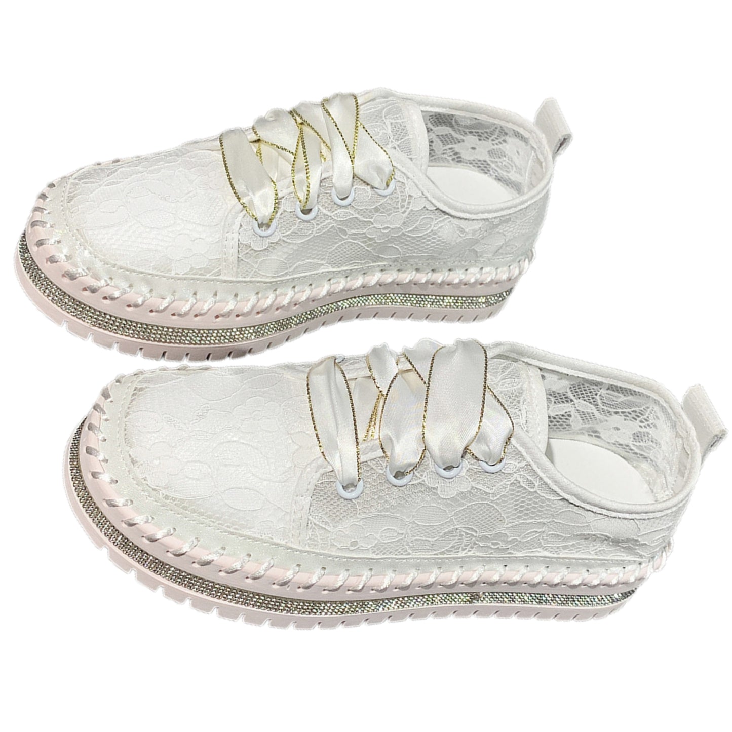 Lace Mesh Rhinestone Platform Sneakers Satin Ribbon Laces Retro Y2K Bling Shoes