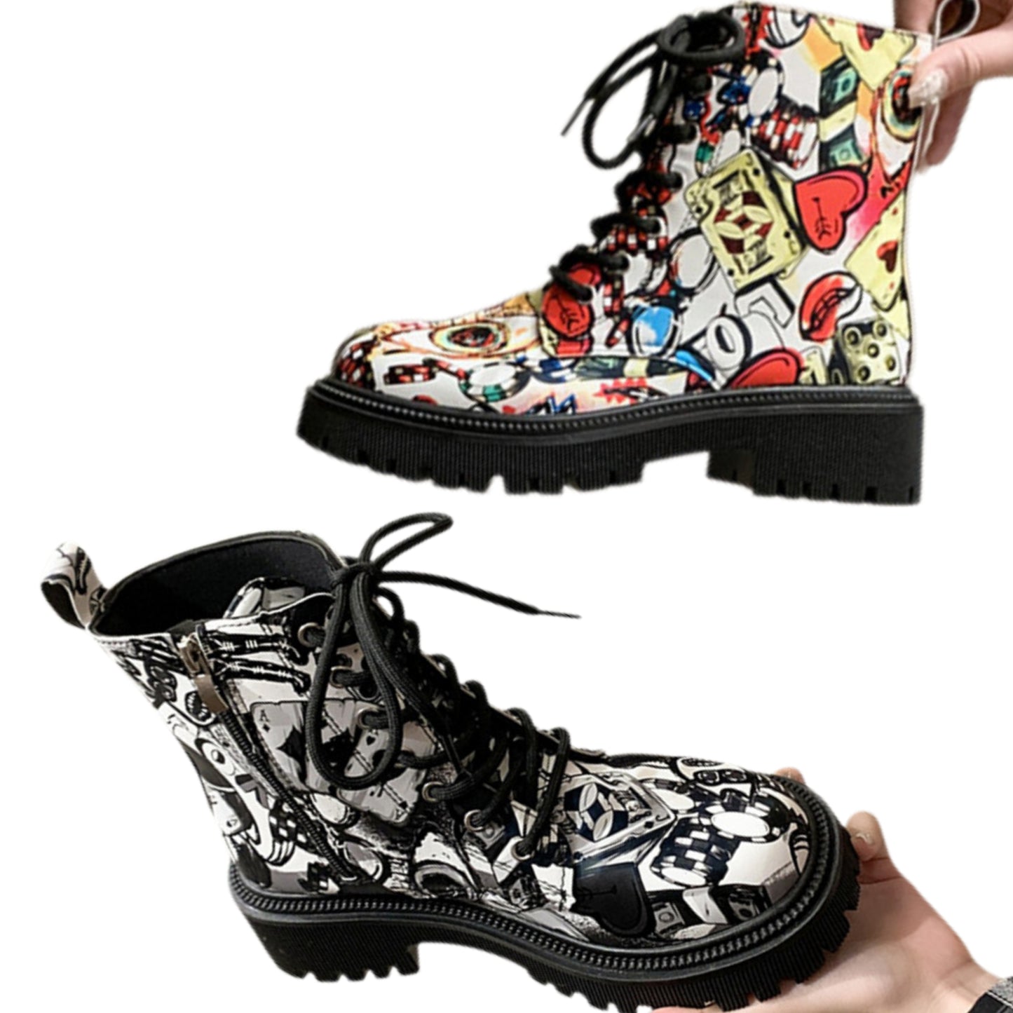 Graffiti Combat Boots Lace-up Streetwear Lug Chunky Utility Artists Retro Shoes