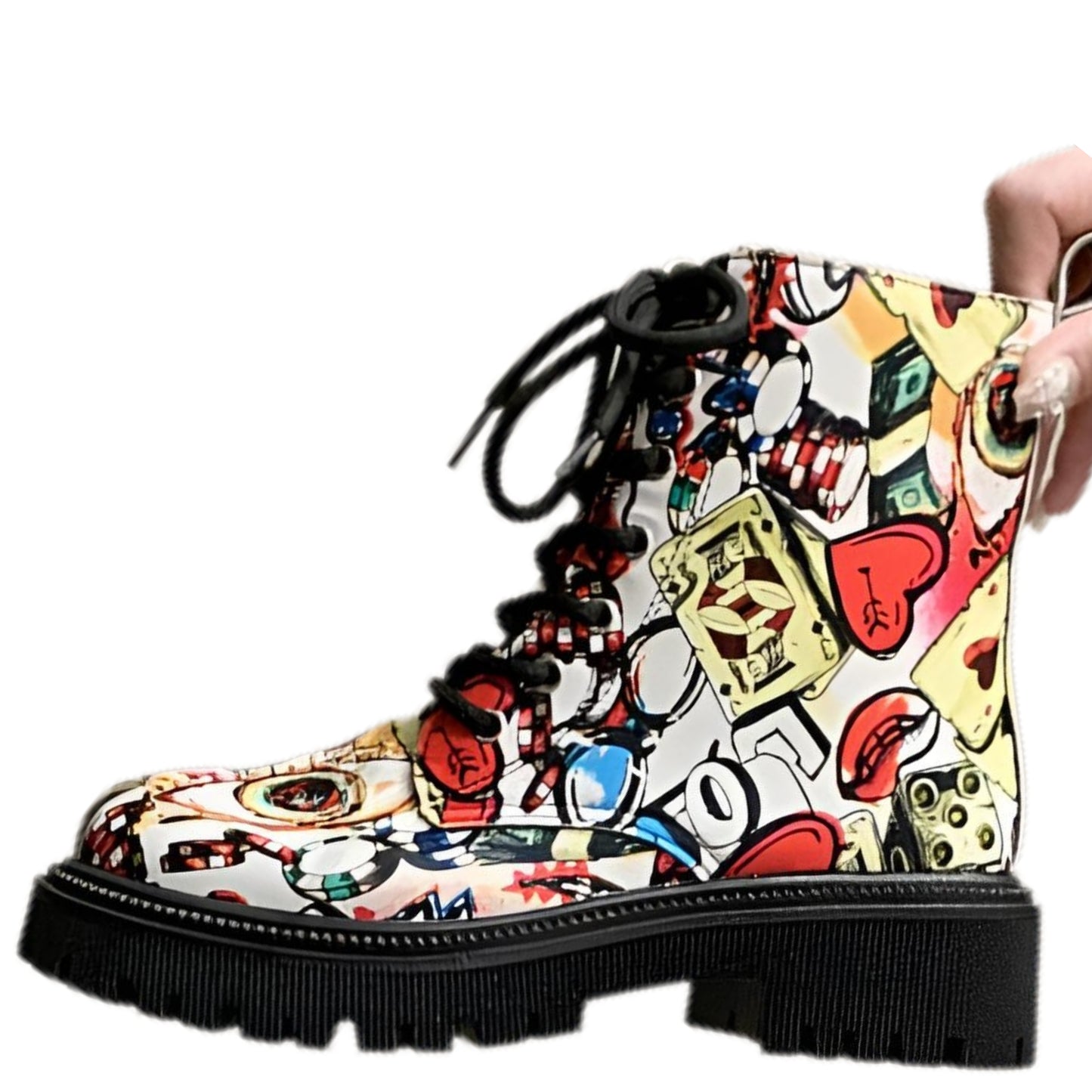 Graffiti Combat Boots Lace-up Streetwear Lug Chunky Utility Artists Retro Shoes