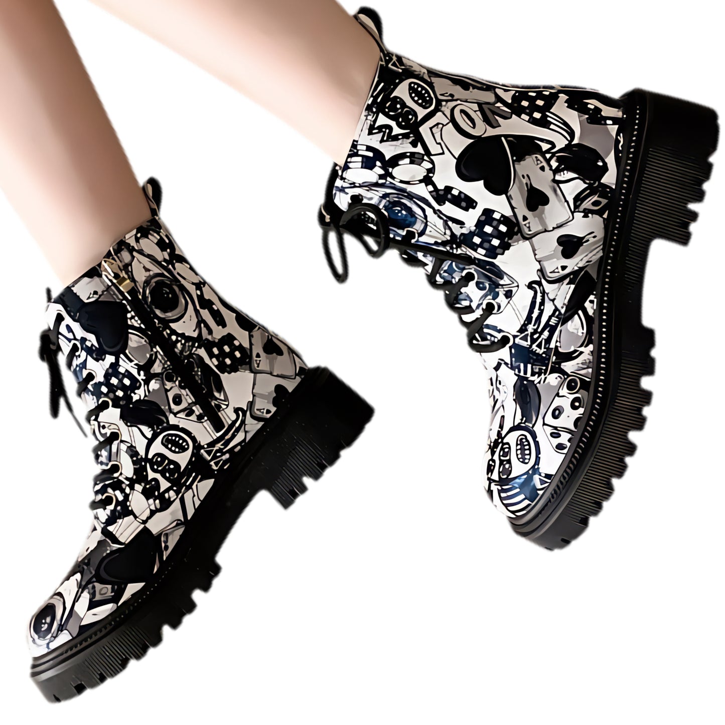 Graffiti Combat Boots Lace-up Streetwear Lug Chunky Utility Artists Retro Shoes
