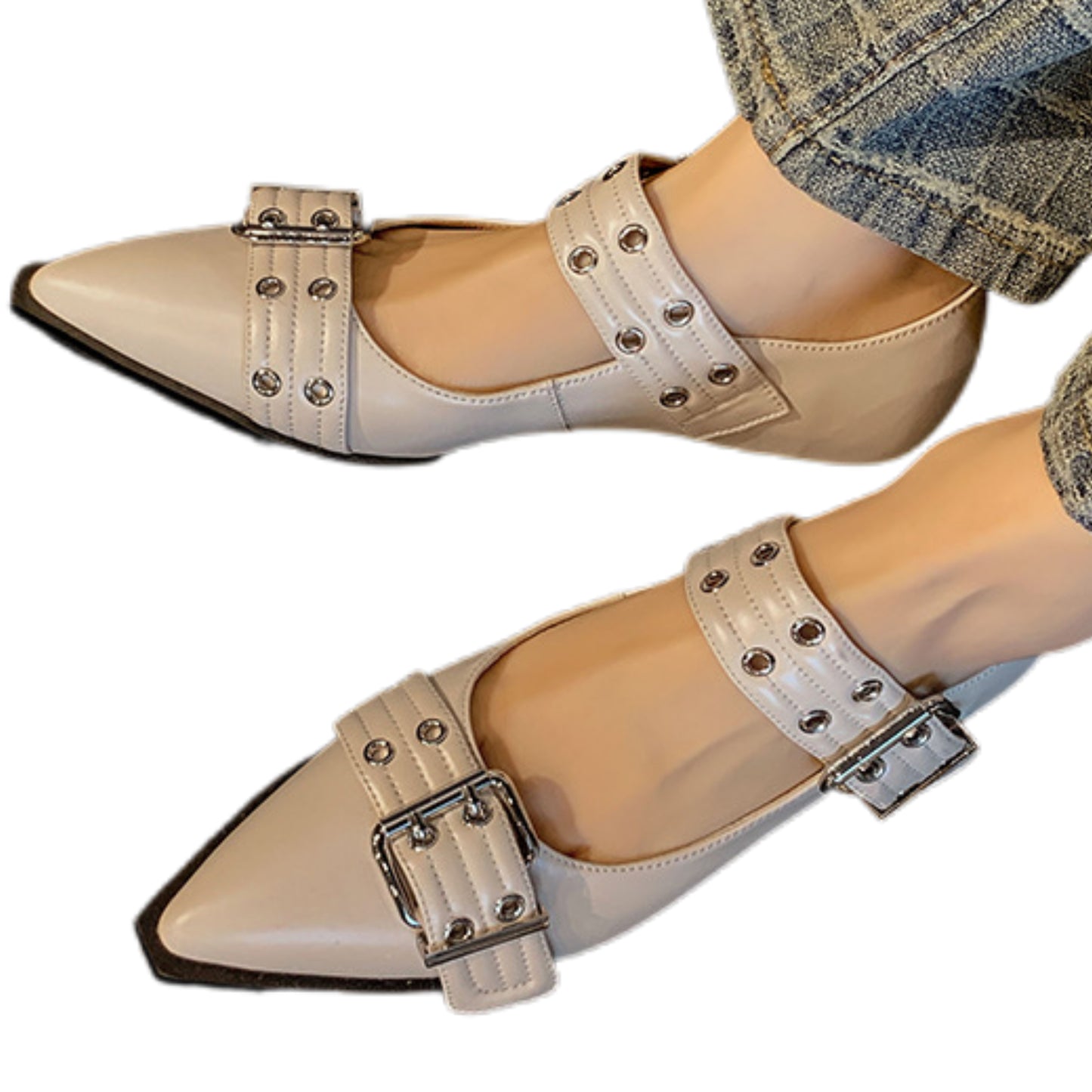 Pointed Toe Adjustable Buckle Strap Shoes Slip-On Mary Jane Vegan Leather