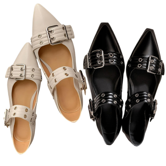 Pointed Toe Adjustable Buckle Strap Shoes Slip-On Mary Jane Vegan Leather