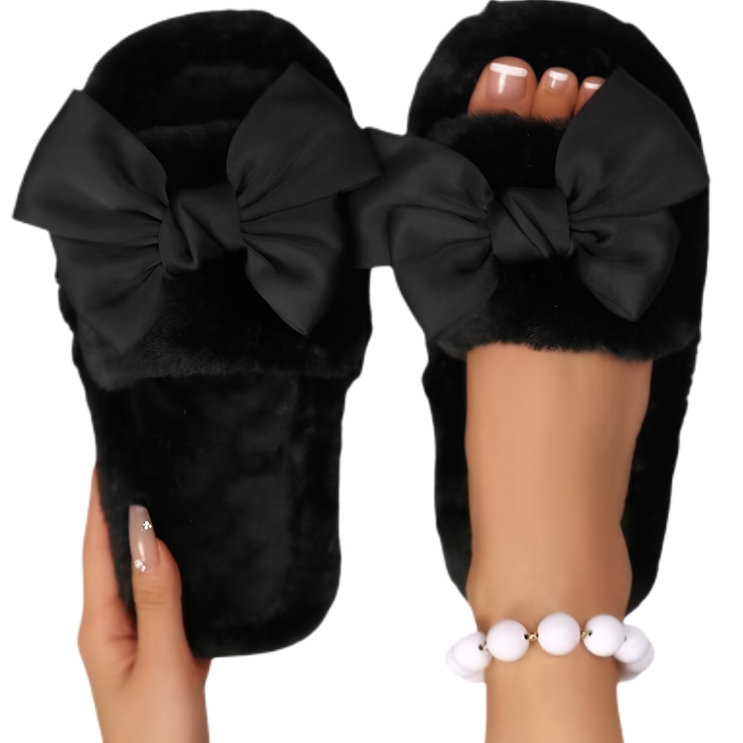 Oversized Bow Plush Faux Fur Slippers Open Toe Slide Flat Fuzzy Slip-on House Shoes
