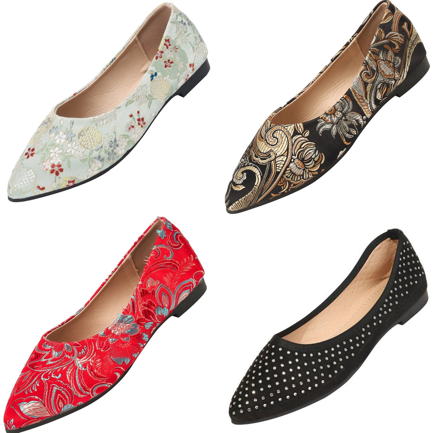 Decorative Pointed Toe Flats Slip-On Printed Vegan Leather Rhinestone Shoes