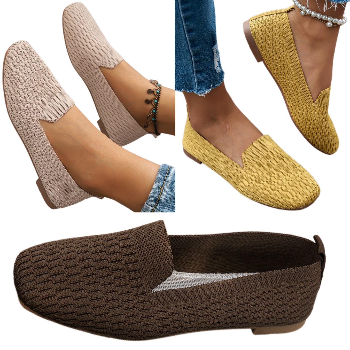 Square Toe Slip-On Mesh Knit Ballet Flats Breathable Lightweight Casual Shoes