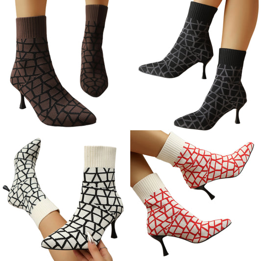 Mesh Sock Bootie Pointed Toe Stiletto Shoes Molded Slip-On High Heel Boots
