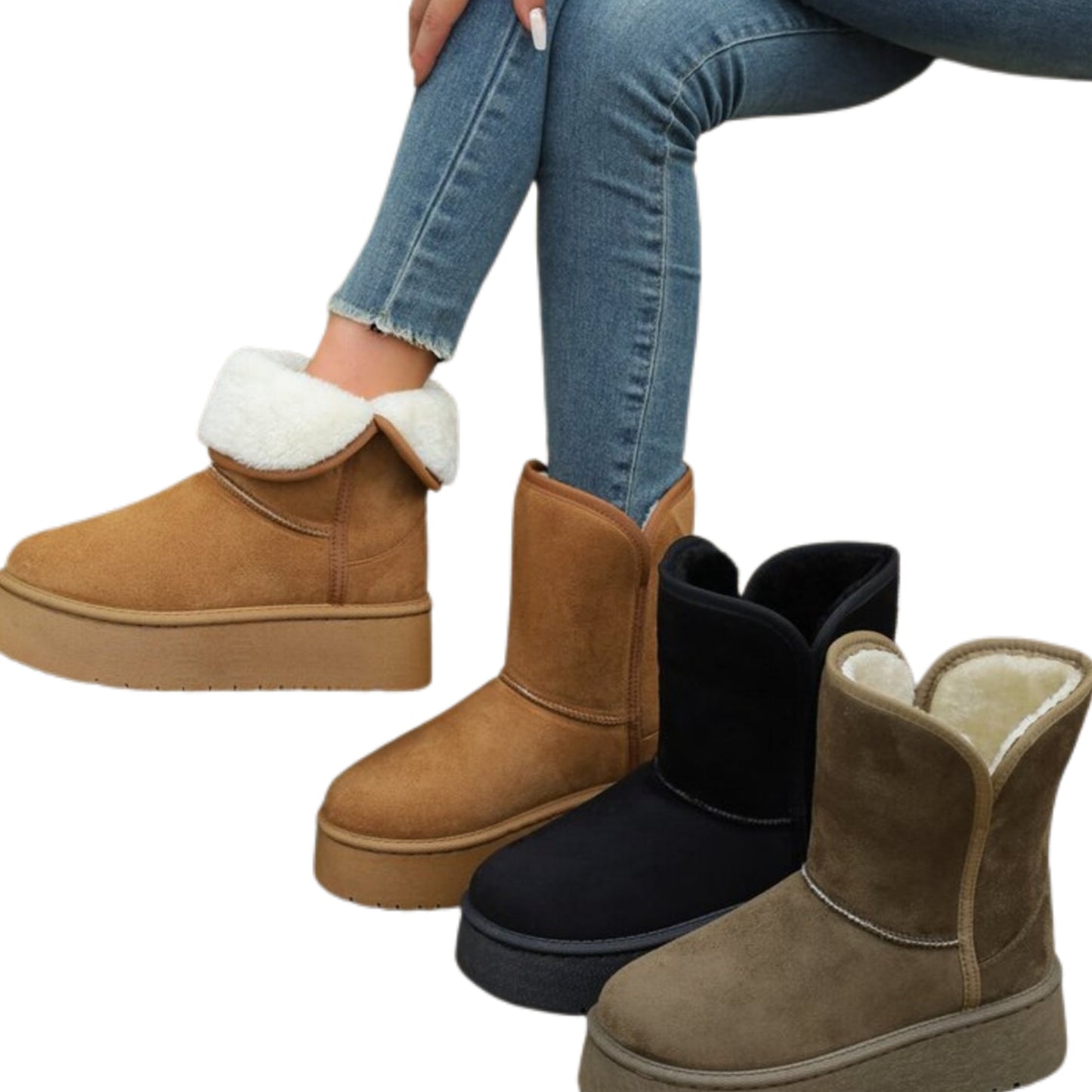 Platform Classic Short Boot Plush Faux Fur Vegan Suede Chunky Lug Winter Shoes