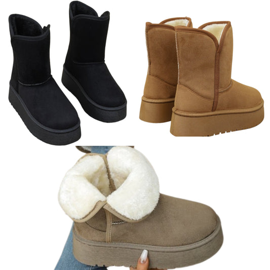 Platform Classic Short Boot Plush Faux Fur Vegan Suede Chunky Lug Winter Shoes